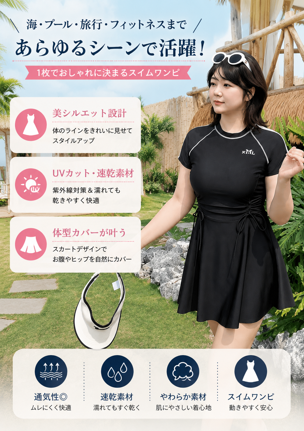 大きいサイズ レディース サイドドロストギャザーフレアスカートワンピース水着 LL 3L 4L