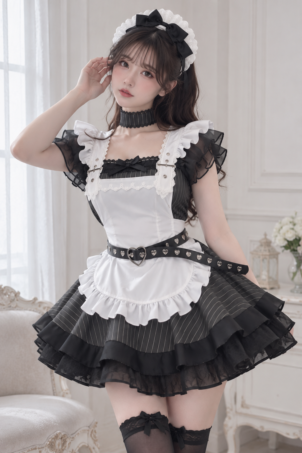 大きいサイズ レディース ヘッドドレス＆ハートベルト付きフリルメイドコスチューム LL 3L 4L 5L 6L