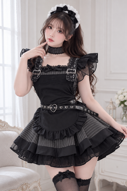 大きいサイズ レディース ヘッドドレス＆ハートベルト付きフリルメイドコスチューム LL 3L 4L 5L 6L