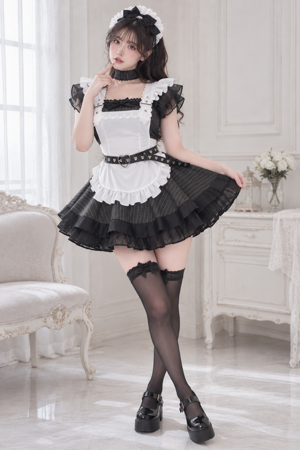 大きいサイズ レディース ヘッドドレス＆ハートベルト付きフリルメイドコスチューム LL 3L 4L 5L 6L