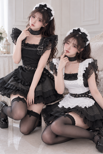 大きいサイズ レディース ヘッドドレス＆ハートベルト付きフリルメイドコスチューム LL 3L 4L 5L 6L