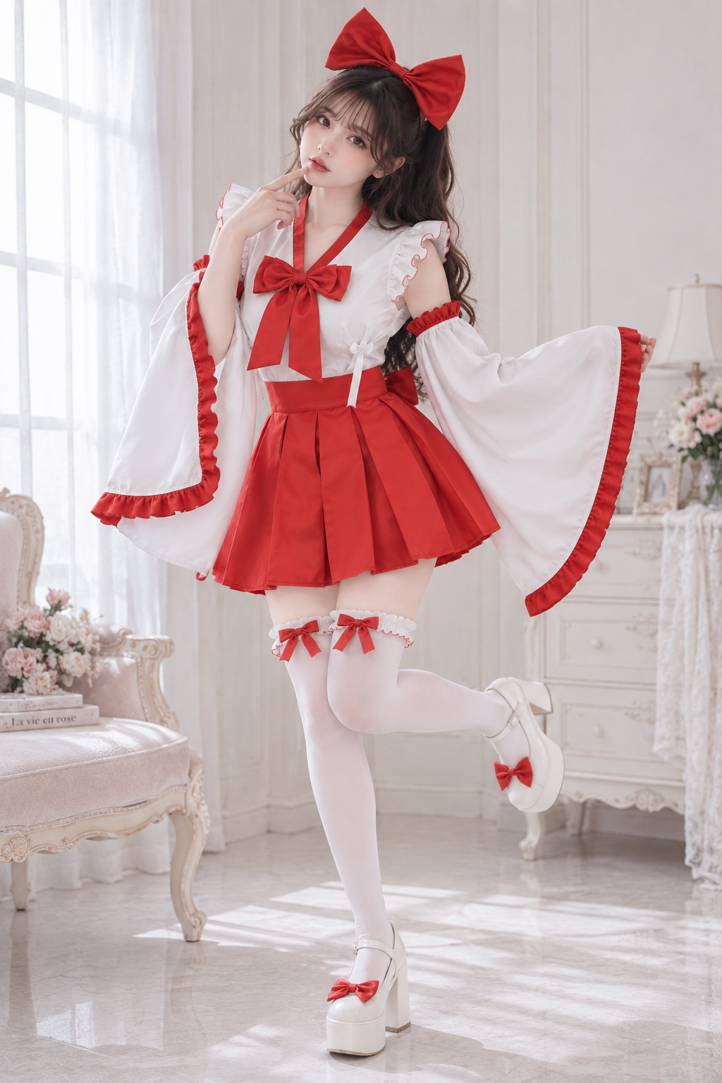 大きいサイズ レディース リボン巫女風コスチュームセット LL 3L 4L 5L 6L