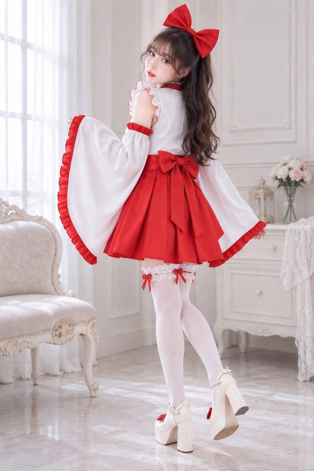 大きいサイズ レディース リボン巫女風コスチュームセット LL 3L 4L 5L 6L