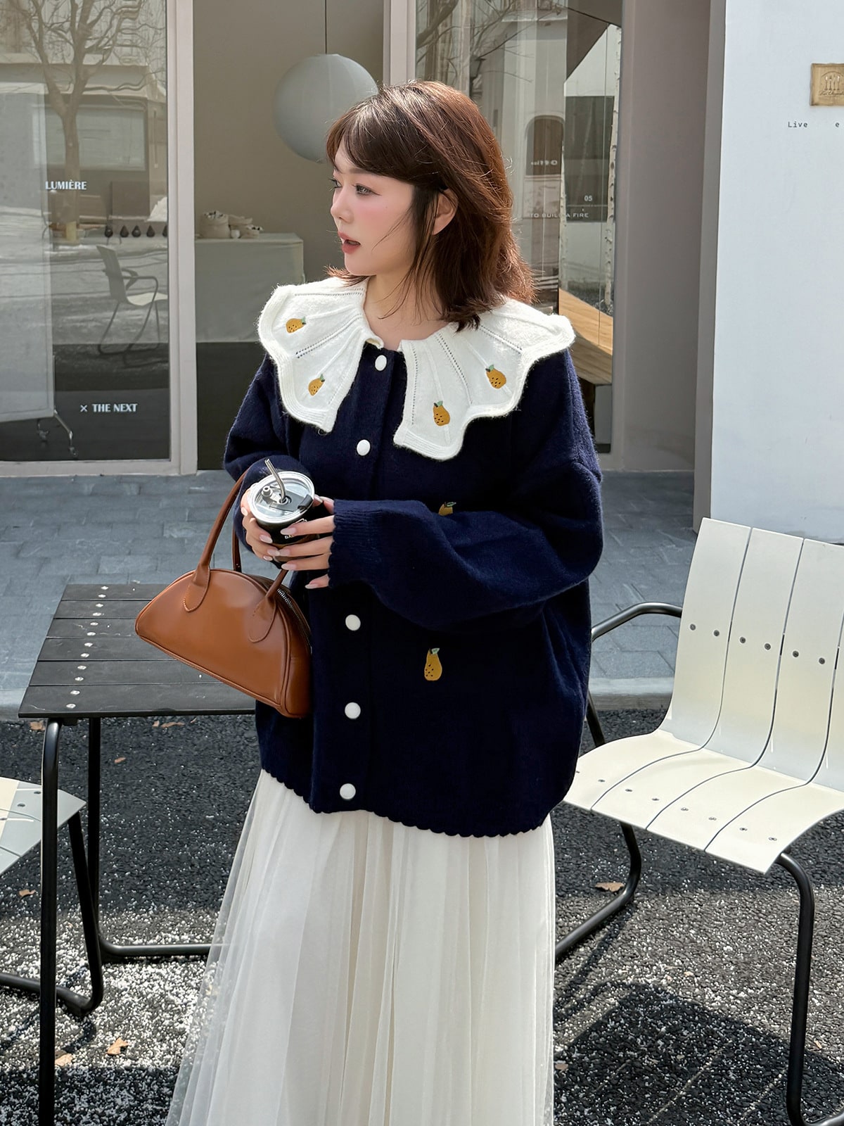 大きいサイズ レディース 洋梨刺繍ビッグカラーニットカーディガン フリーサイズ 3