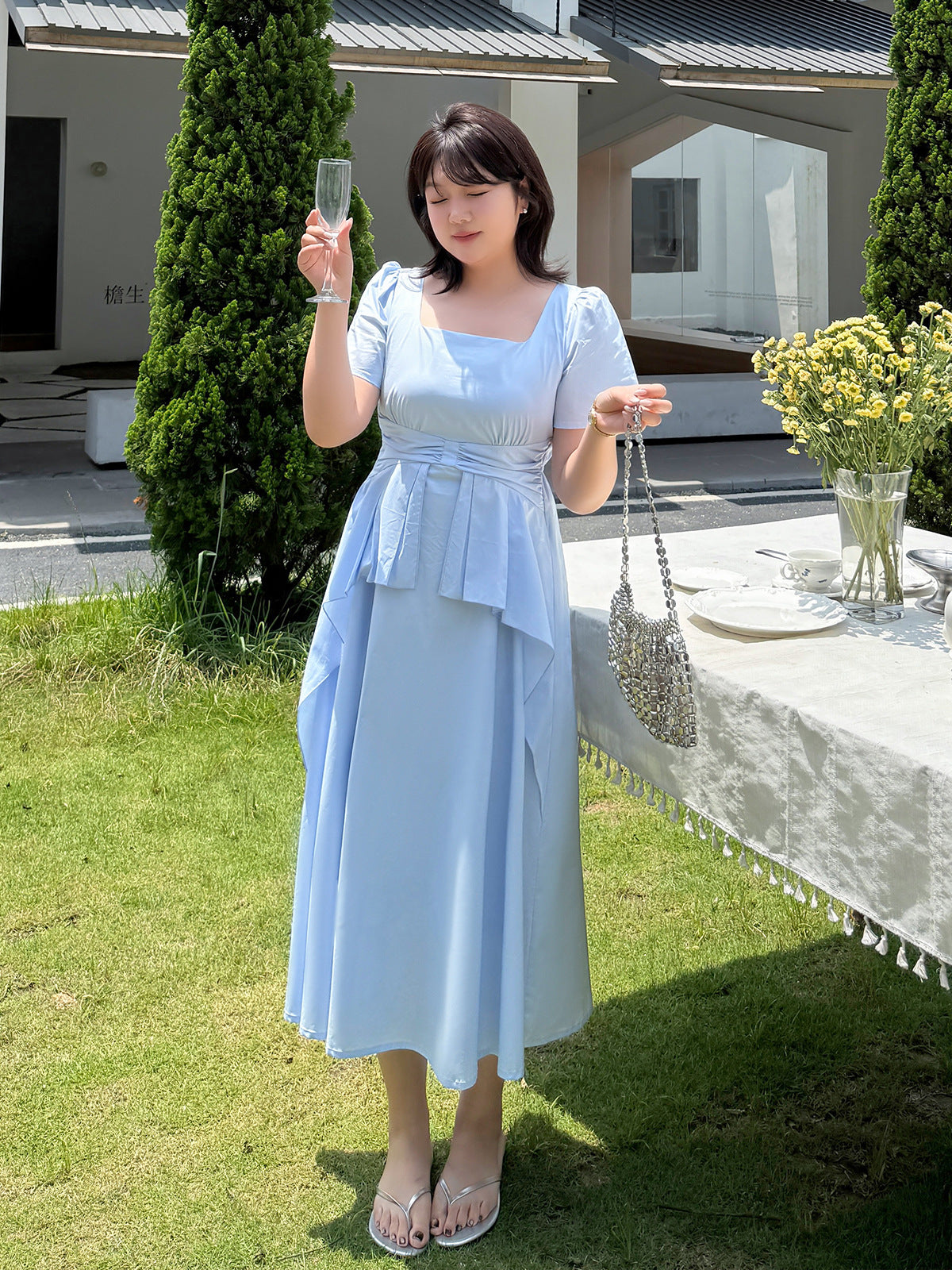 大きいサイズ レディース フレンチスクエアネックフリルワンピース LL 3L 4L 5L