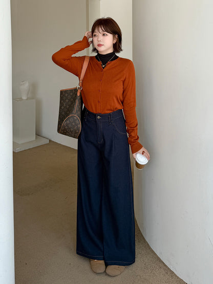 大きいサイズ レディース デニム風プリーツストレートワイドレッグパンツ LL 3L 4L 5L