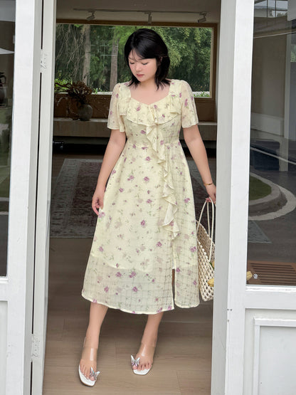 大きいサイズ レディース フレンチフリル花柄プリントワンピース LL 3L 4L 5L