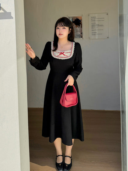 大きいサイズ レディース スクエアネックリボンレースワンピース LL 3L 4L 5L