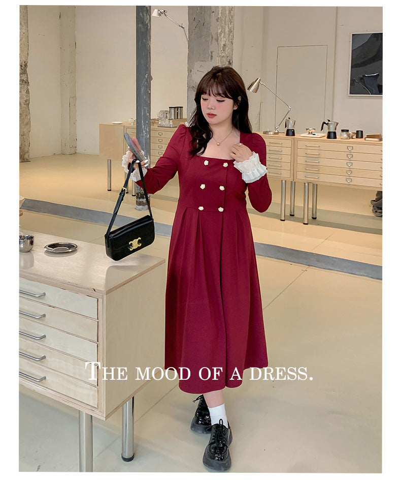 大きいサイズ レディース ダブルブレストのスクエアネックワンピース LL 3L 4L 5L