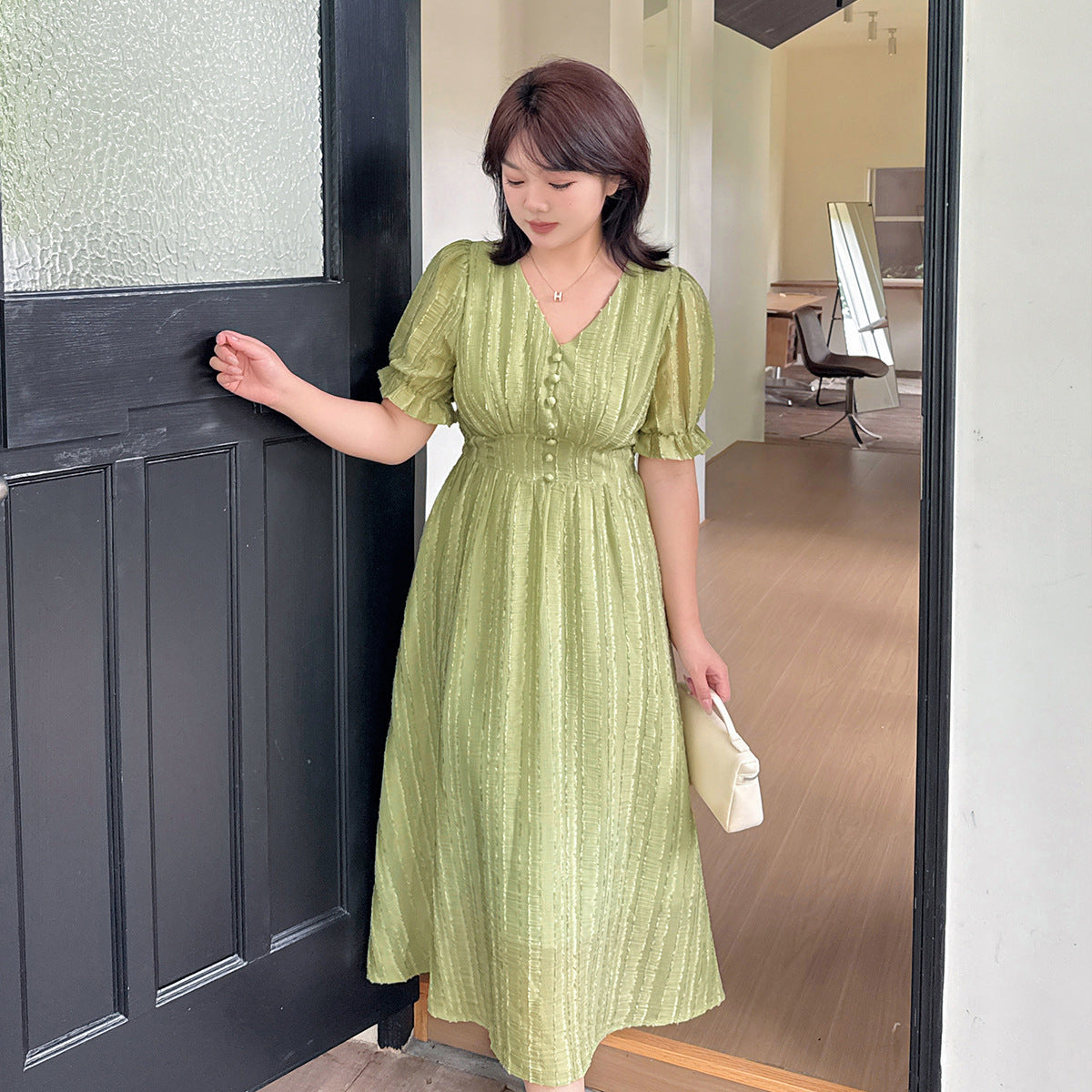 大きいサイズ レディース Vネックフリルシフォンプリーツワンピース LL 3L 4L 5L