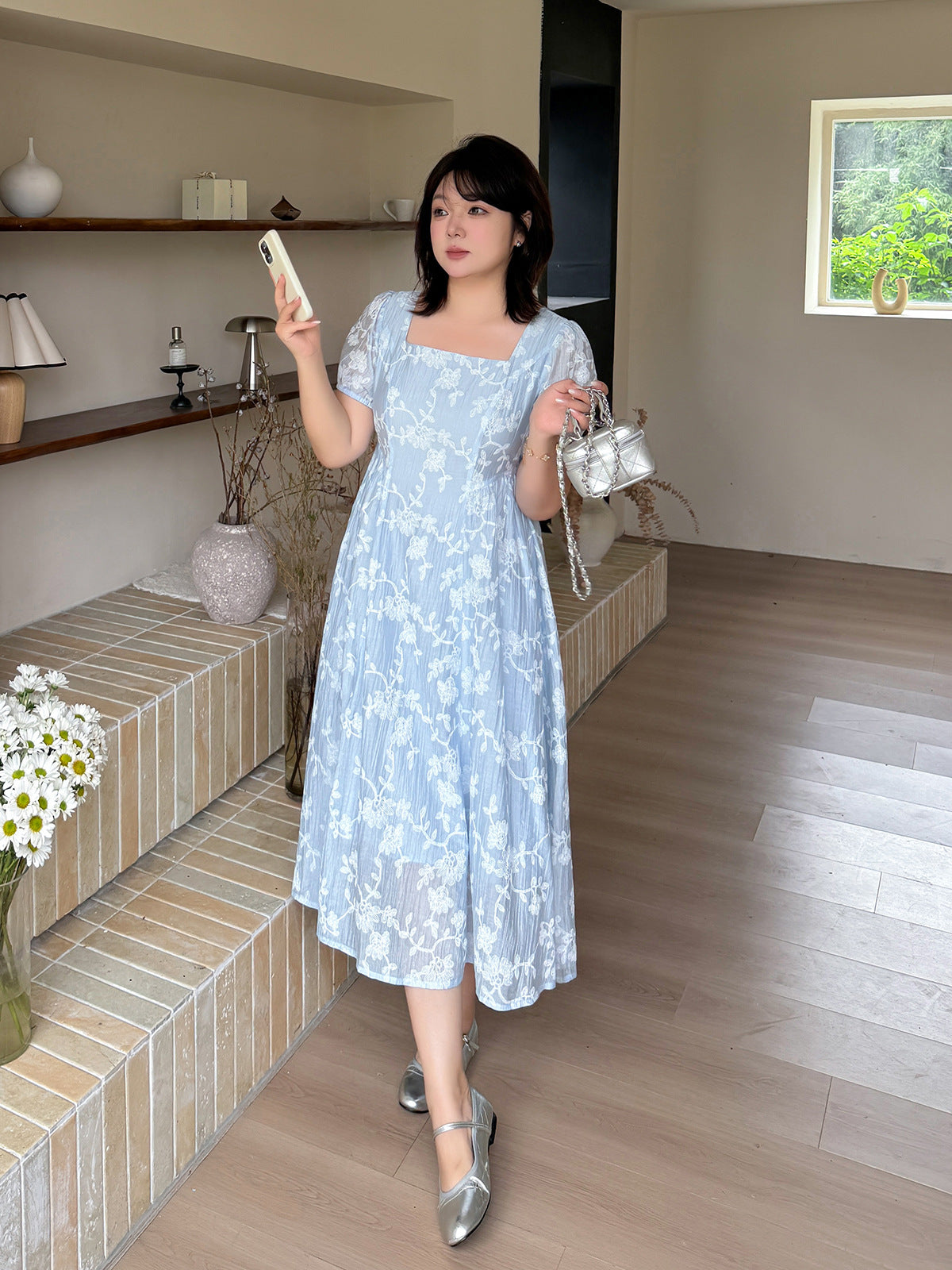 大きいサイズ レディース 楊柳プリーツ花柄スクエアネックワンピース LL 3L 4L 5L