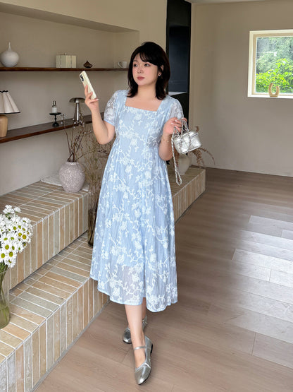 大きいサイズ レディース 楊柳プリーツ花柄スクエアネックワンピース LL 3L 4L 5L
