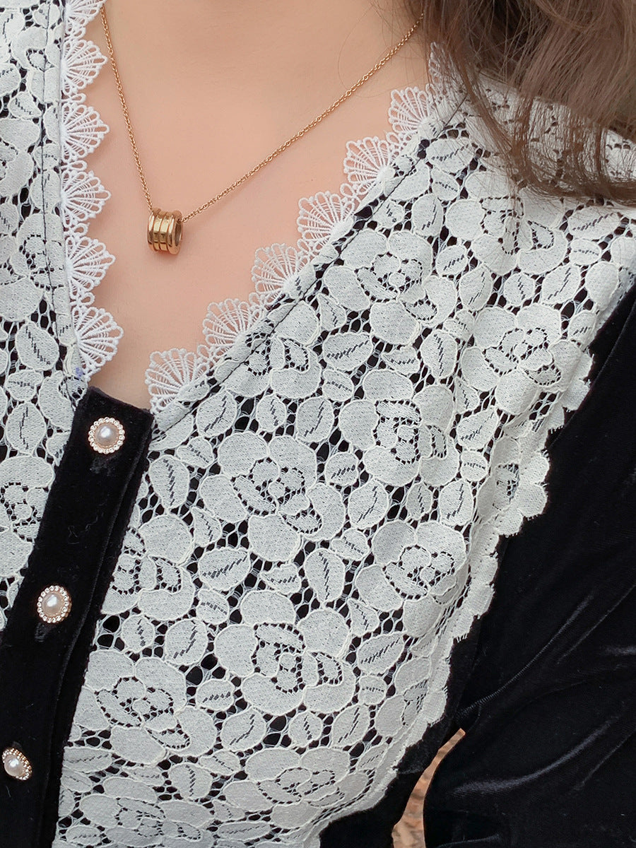 大きいサイズ レディース Vネックレースベルベットエレガントワンピース  LL 3L 4L 5L 6L