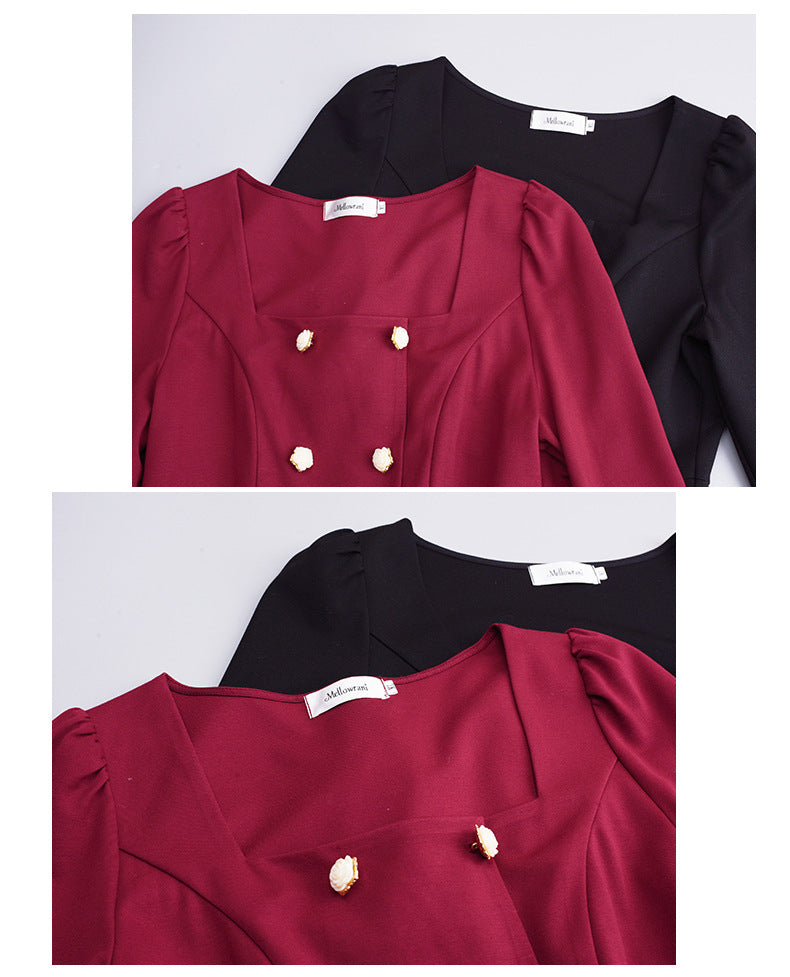 大きいサイズ レディース ダブルブレストのスクエアネックワンピース LL 3L 4L 5L