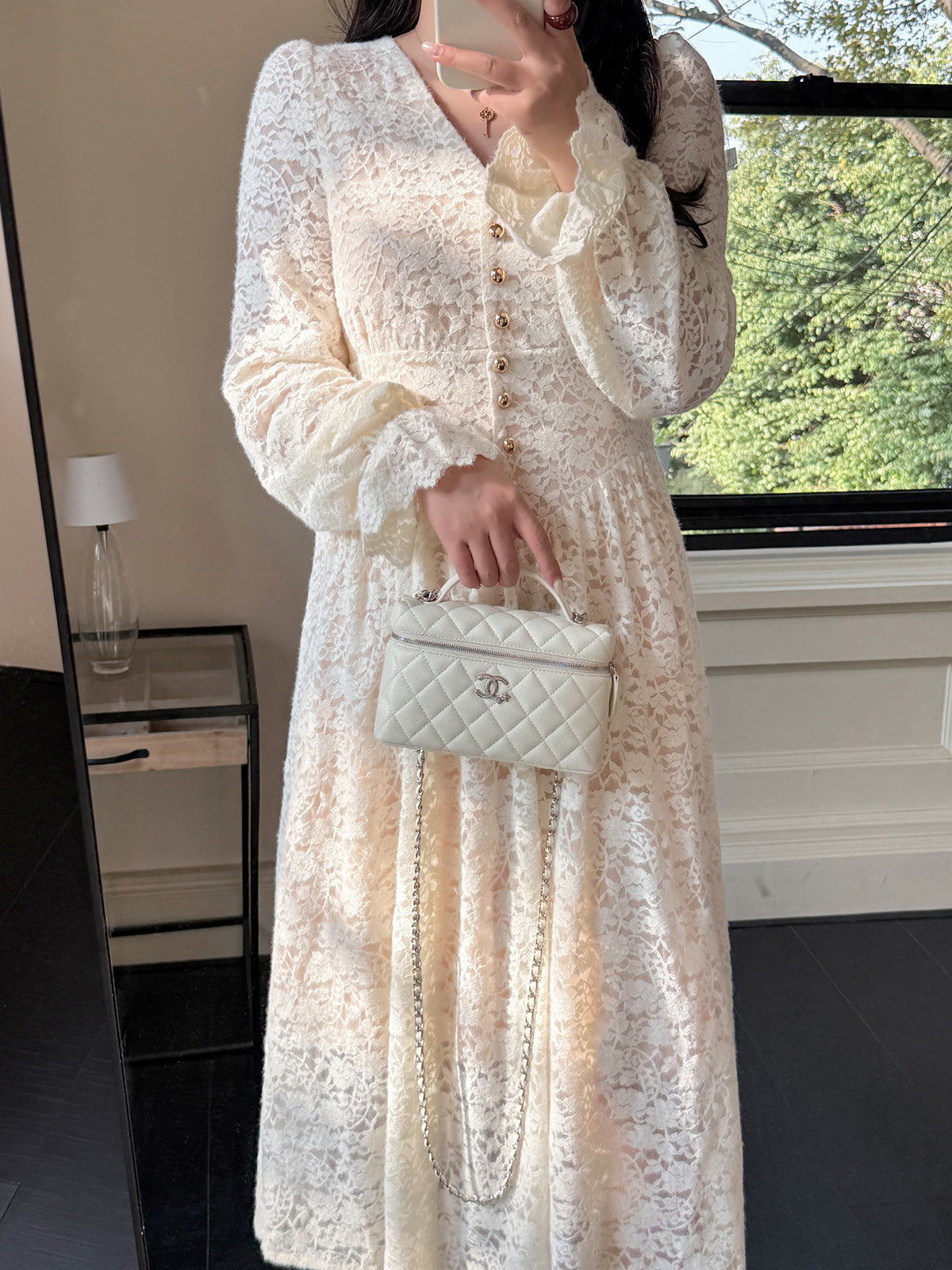 大きいサイズ レディース Vネックビーズボタン花柄レースワンピース LL 3L 4L 5L