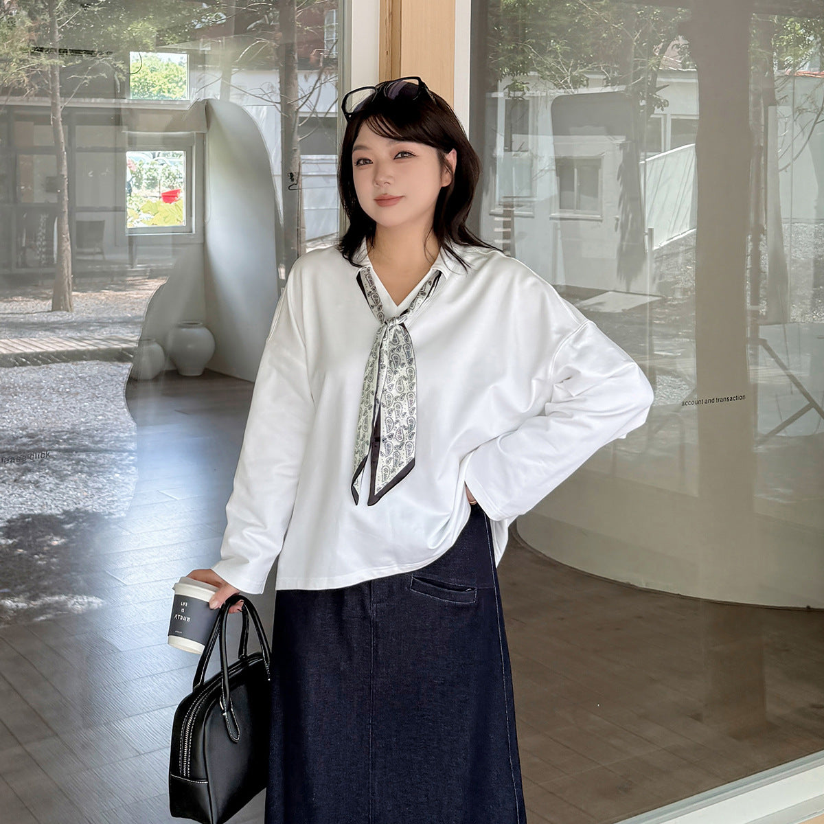 大きいサイズ レディース スカーフリボン付きVネックニットスウェットシャツ LL 3L 4L 5L
