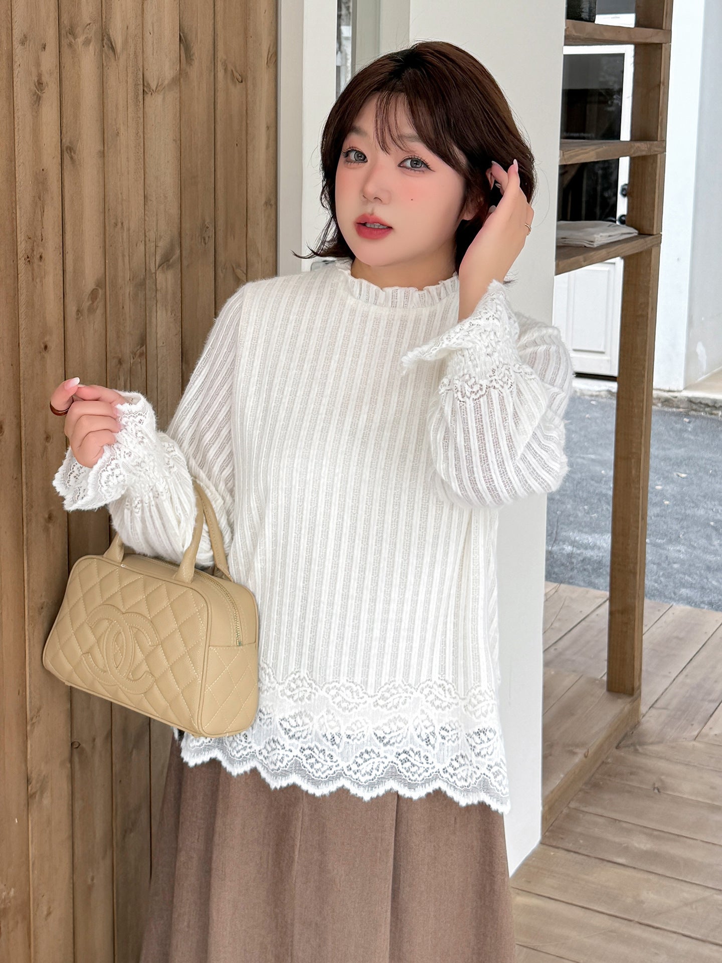 大きいサイズ レディース ストライプ×レース フレンチガーリーブラウス LL 3L 4L 5L