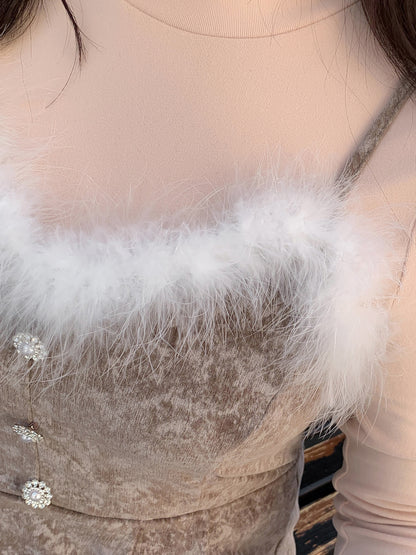 大きいサイズ レディース  ファーベルベットスリップワンピースヴィンテージプリント LL 3L 4L 5L