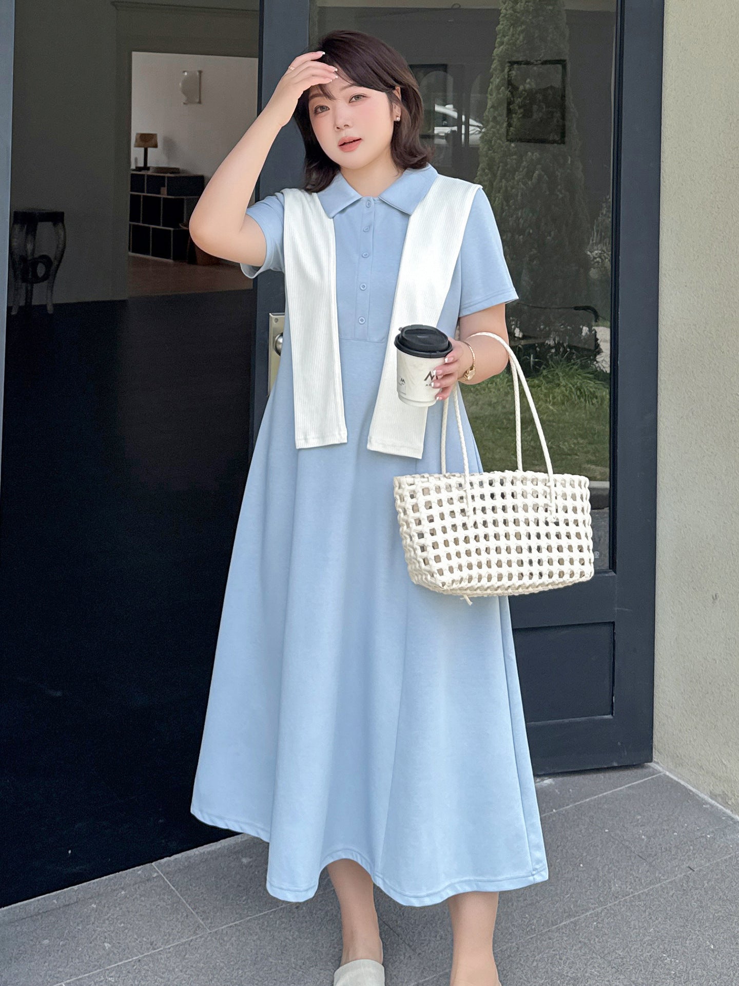大きいサイズ レディース 刺繍入りショール付きポロカラーロング