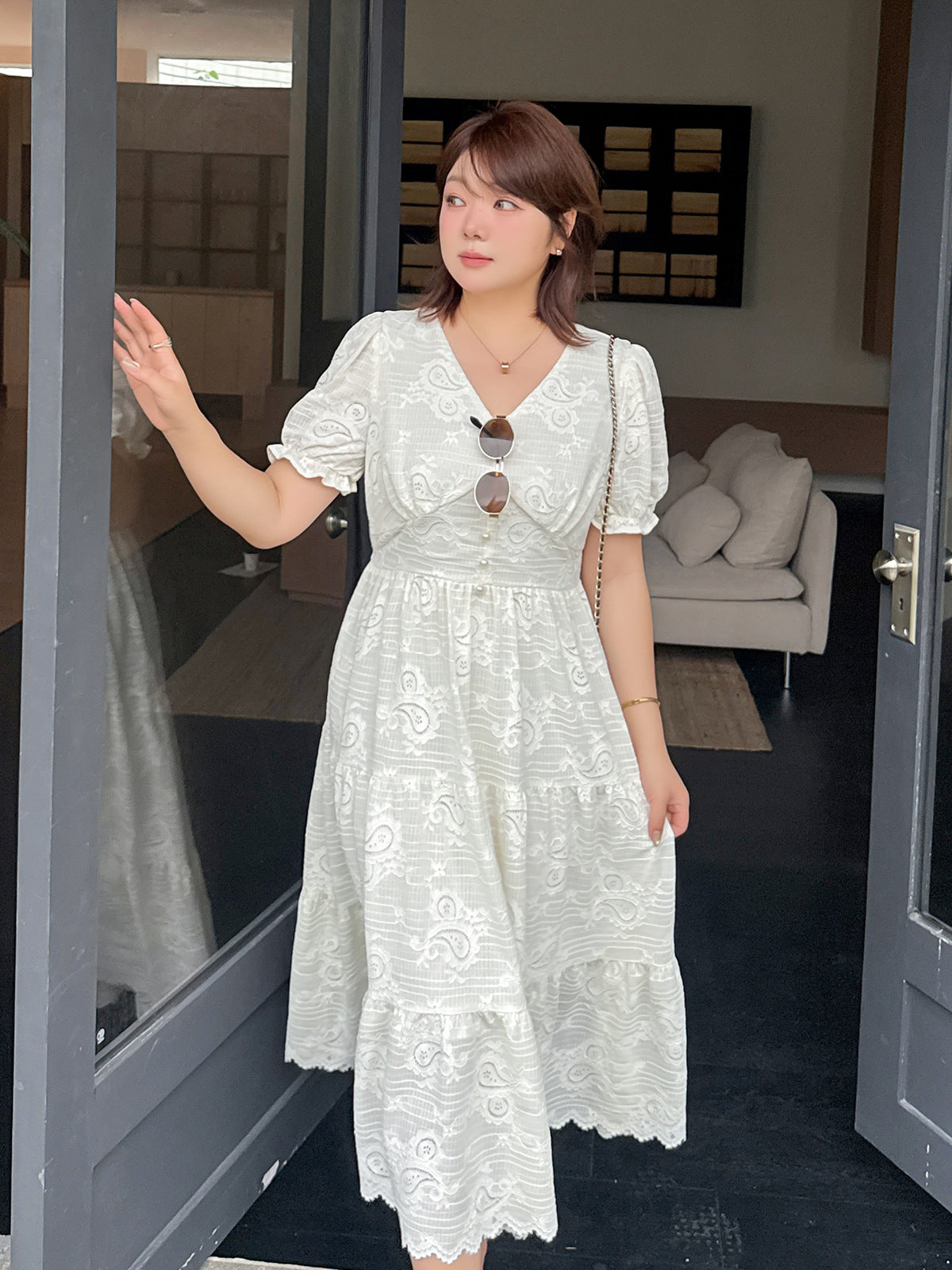 大きいサイズ レディース Vネックペイズリーレースティアードワンピース LL 3L 4L 5L