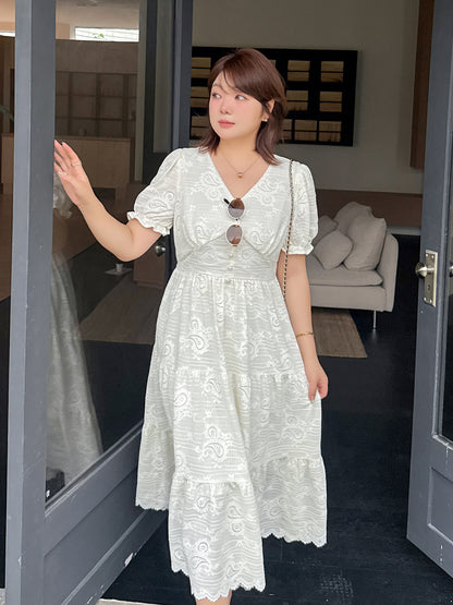大きいサイズ レディース Vネックペイズリーレースティアードワンピース LL 3L 4L 5L