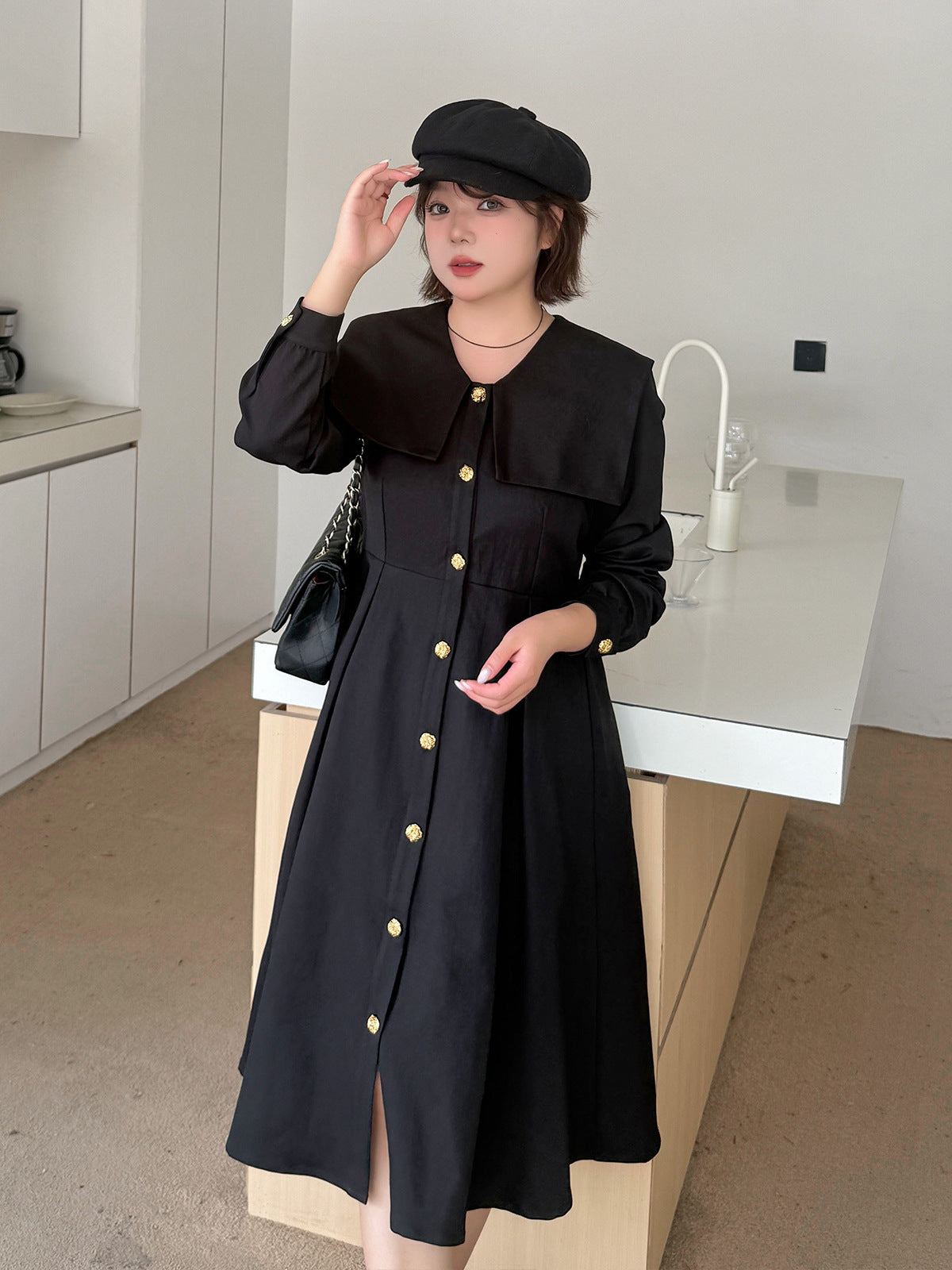 大きいサイズ レディース ビックラペルボタンダウンブラックワンピース（ベルト別売） LL 3L 4L 5L