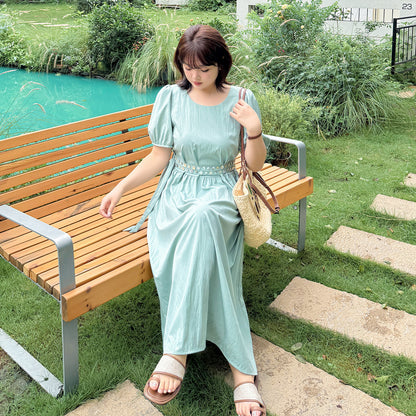 大きいサイズ レディース ラウンドネックダブルベルトカジュアルワンピース LL 3L 4L 5L