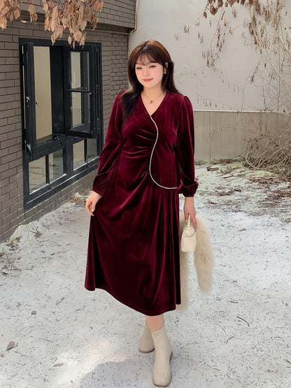 大きいサイズ レディース Vネックラインストーン装飾エレガントベルベットワンピース LL 3L 4L 5L