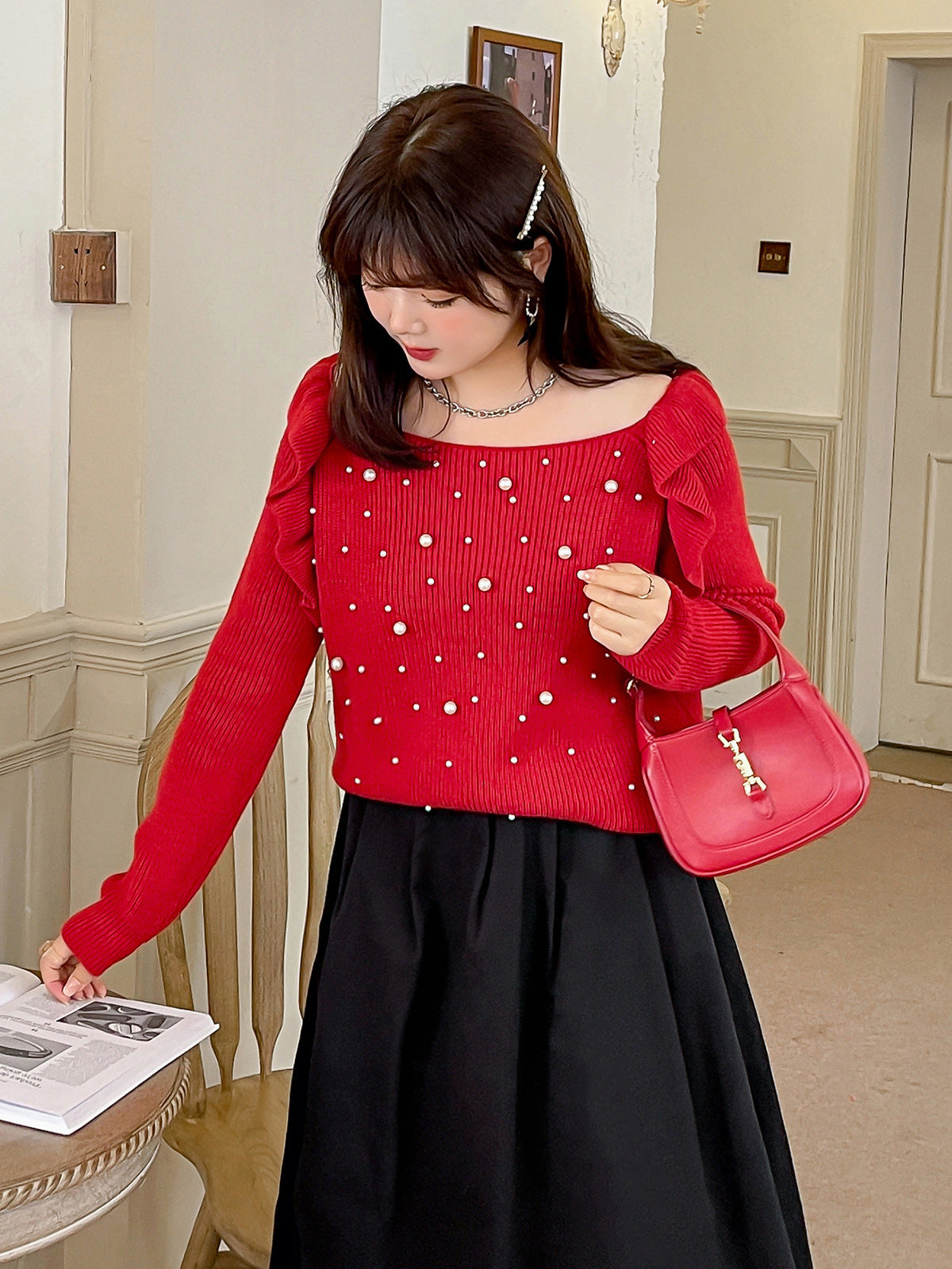 大きいサイズ レディース ビーズフリルオフショルダーニットセーター LL 3L 4L 5L