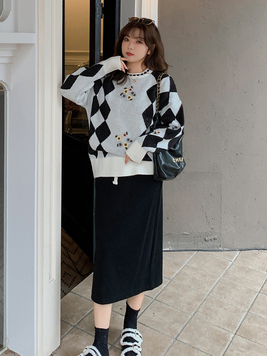 大きいサイズ レディース ラウンドネックレトロ小花ダイヤ柄プルオーバーセーター LL 3L 4L