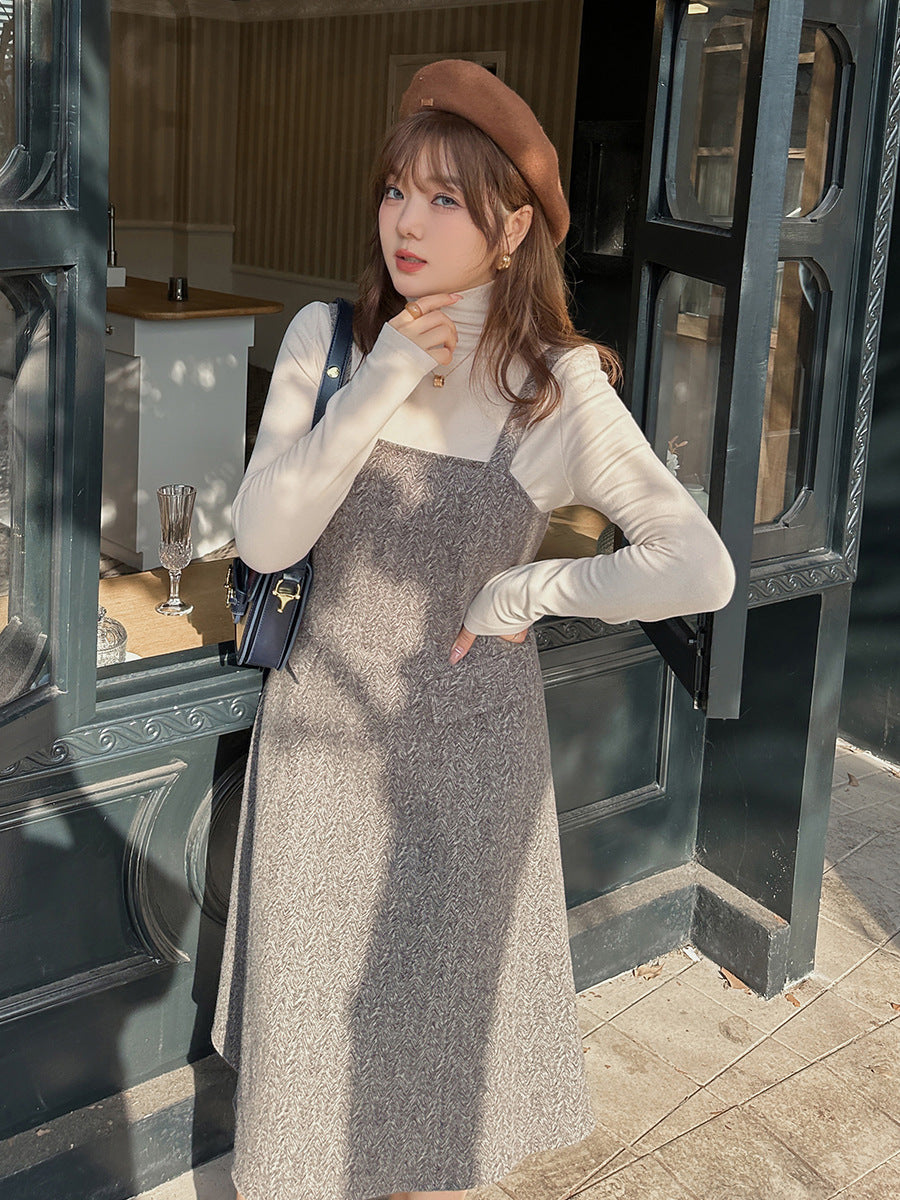 大きいサイズ レディース ハイネックインナーシャツ+サスペンダーワンピース2点セット LL 3L 4L 5L 6L