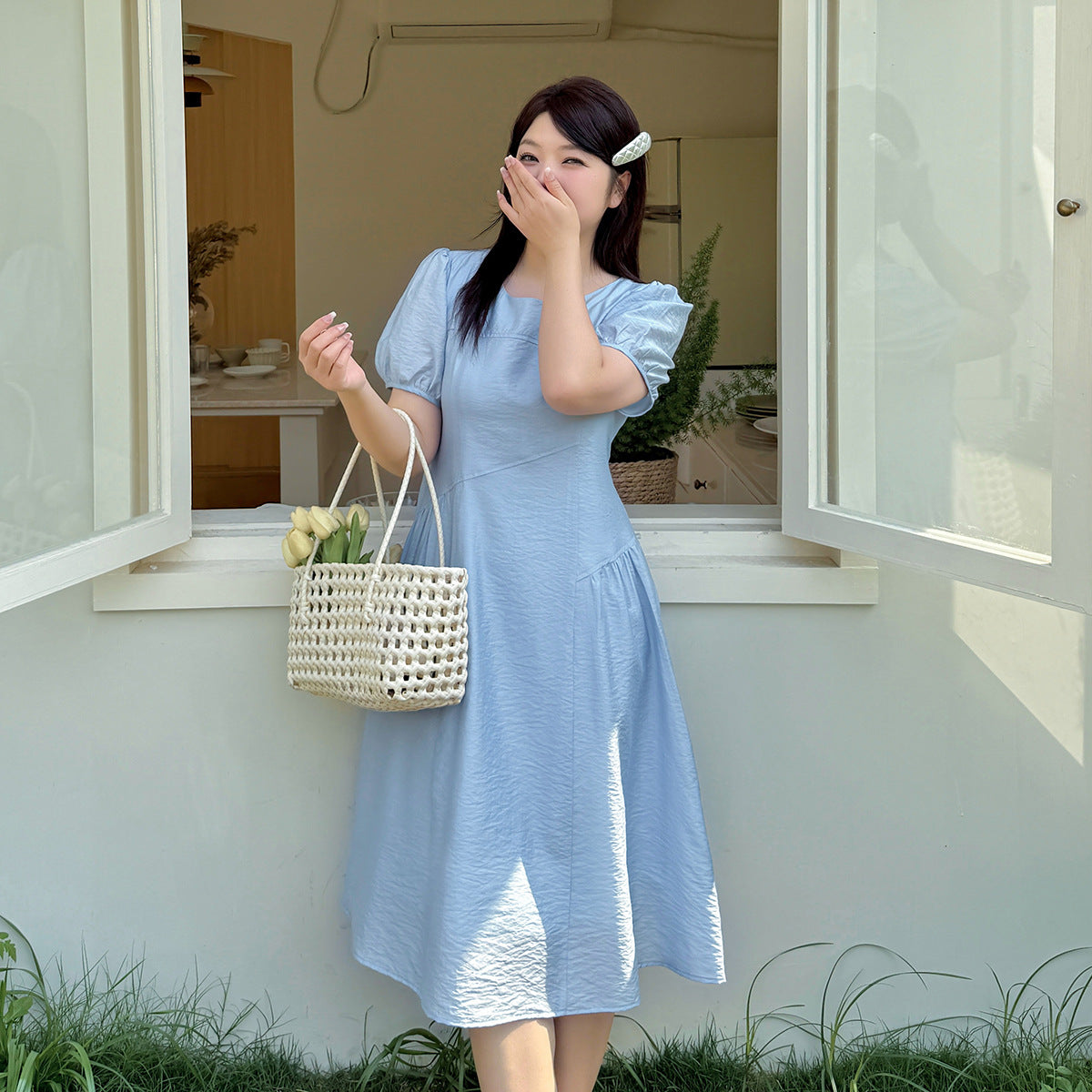 大きいサイズ レディース ラウンドネック無地プリーツワンピース LL 3L 4L 5L