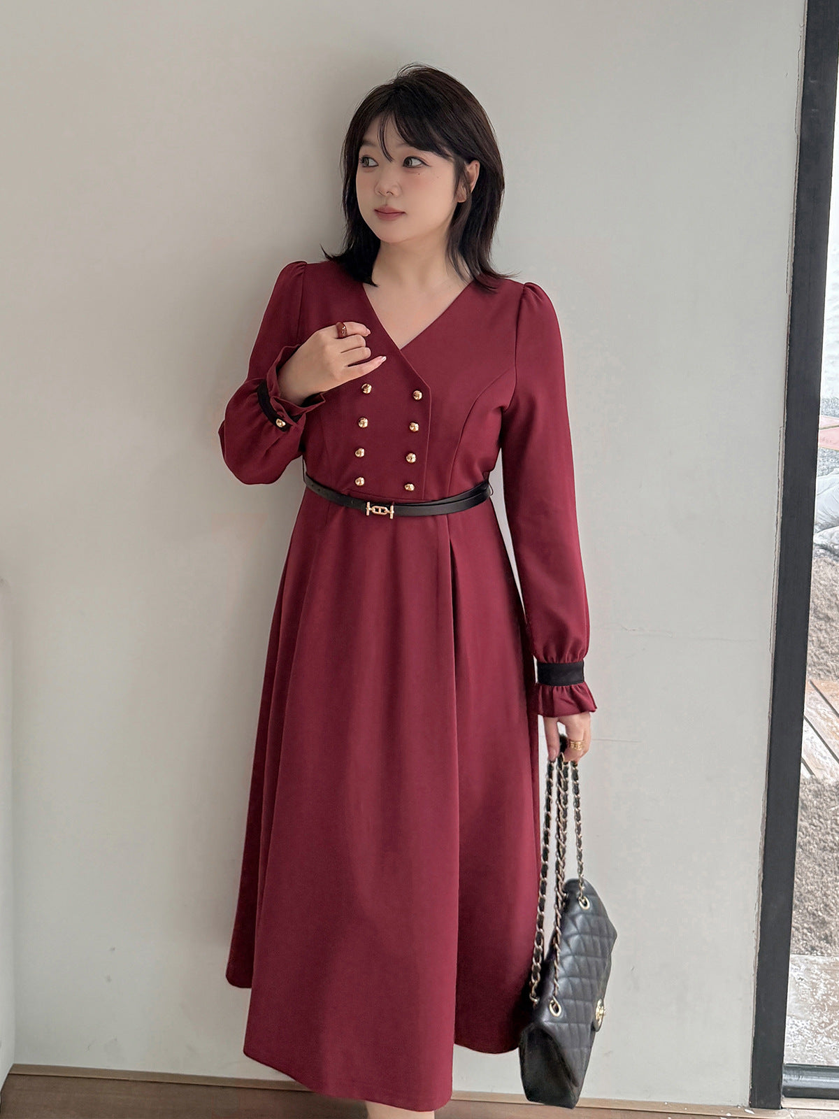 大きいサイズ レディース フリルVネックダブルブレストワンピース（ベルト別売） LL 3L 4L 5L