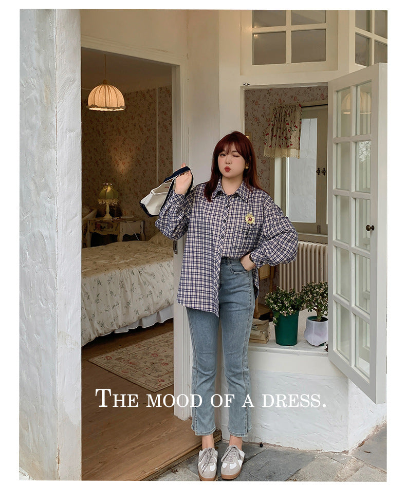 大きいサイズ レディース フラワープリントチェック柄シャツ LL 3L 4L 5L