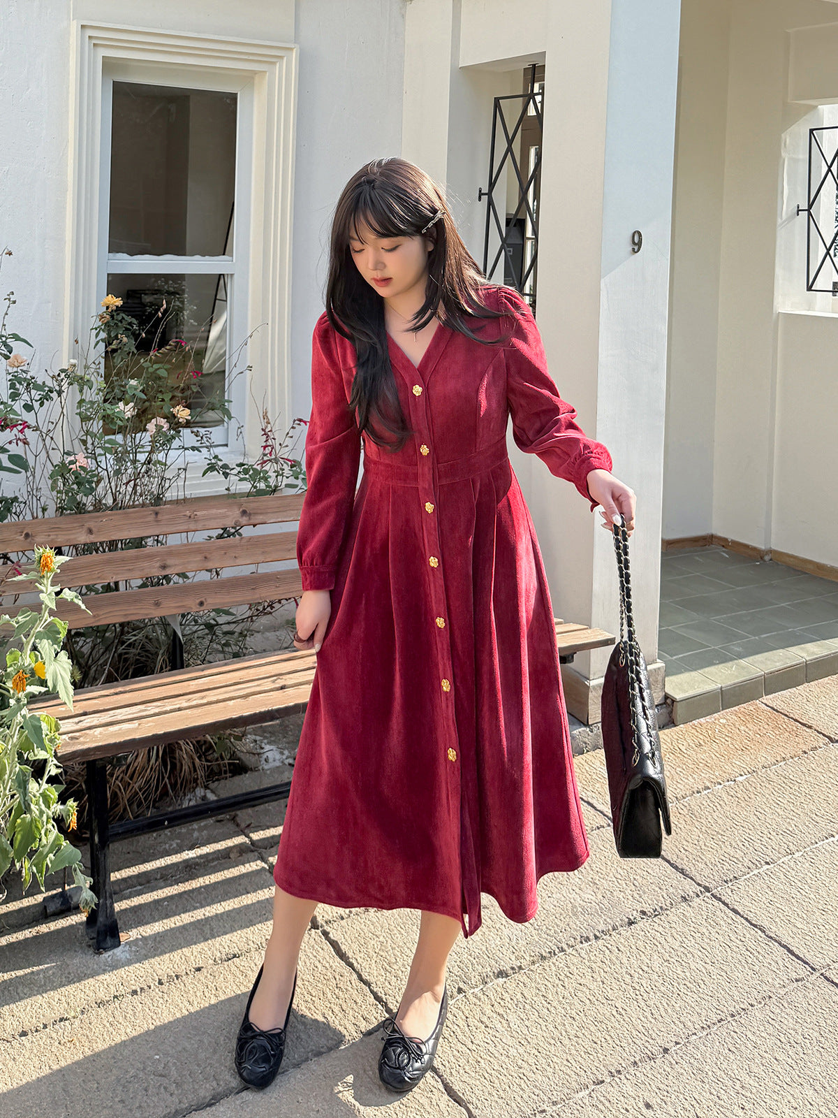 大きいサイズ レディース Vネックベルベット花柄ボタンダウンワンピース LL 3L 4L 5L
