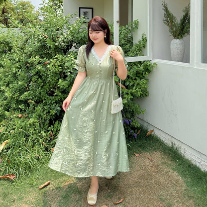 大きいサイズ レディース レースVネックフラワー刺繍ワンピース LL 3L 4L 5L