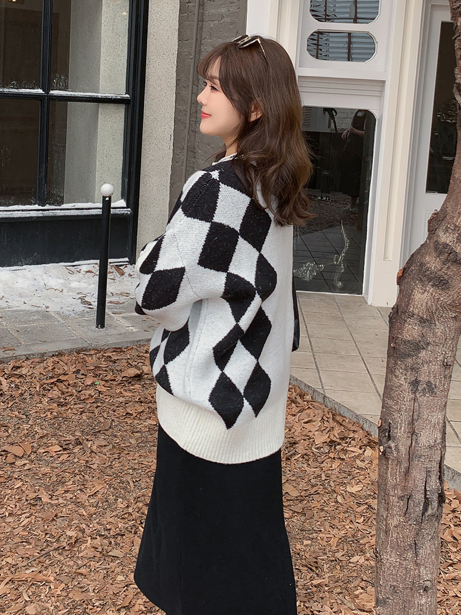 大きいサイズ レディース ラウンドネックレトロ小花ダイヤ柄プルオーバーセーター LL 3L 4L