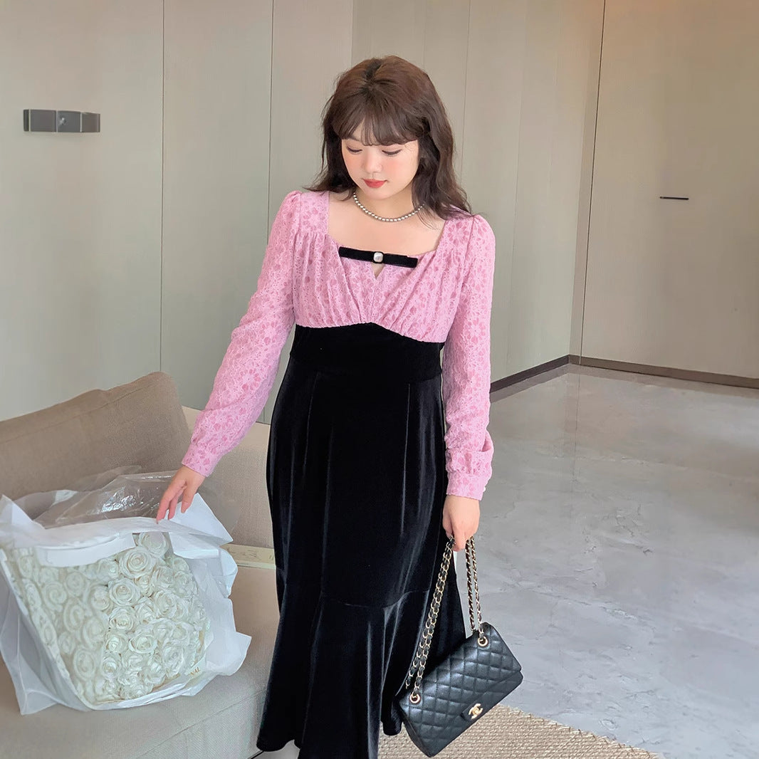 大きいサイズ レディース ヴィンテージ調レース切り替えベロアワンピース LL 3L 4L 5L