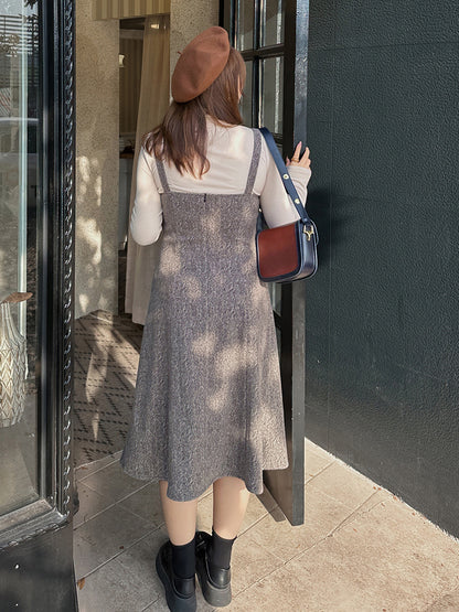 大きいサイズ レディース ハイネックインナーシャツ+サスペンダーワンピース2点セット LL 3L 4L 5L 6L