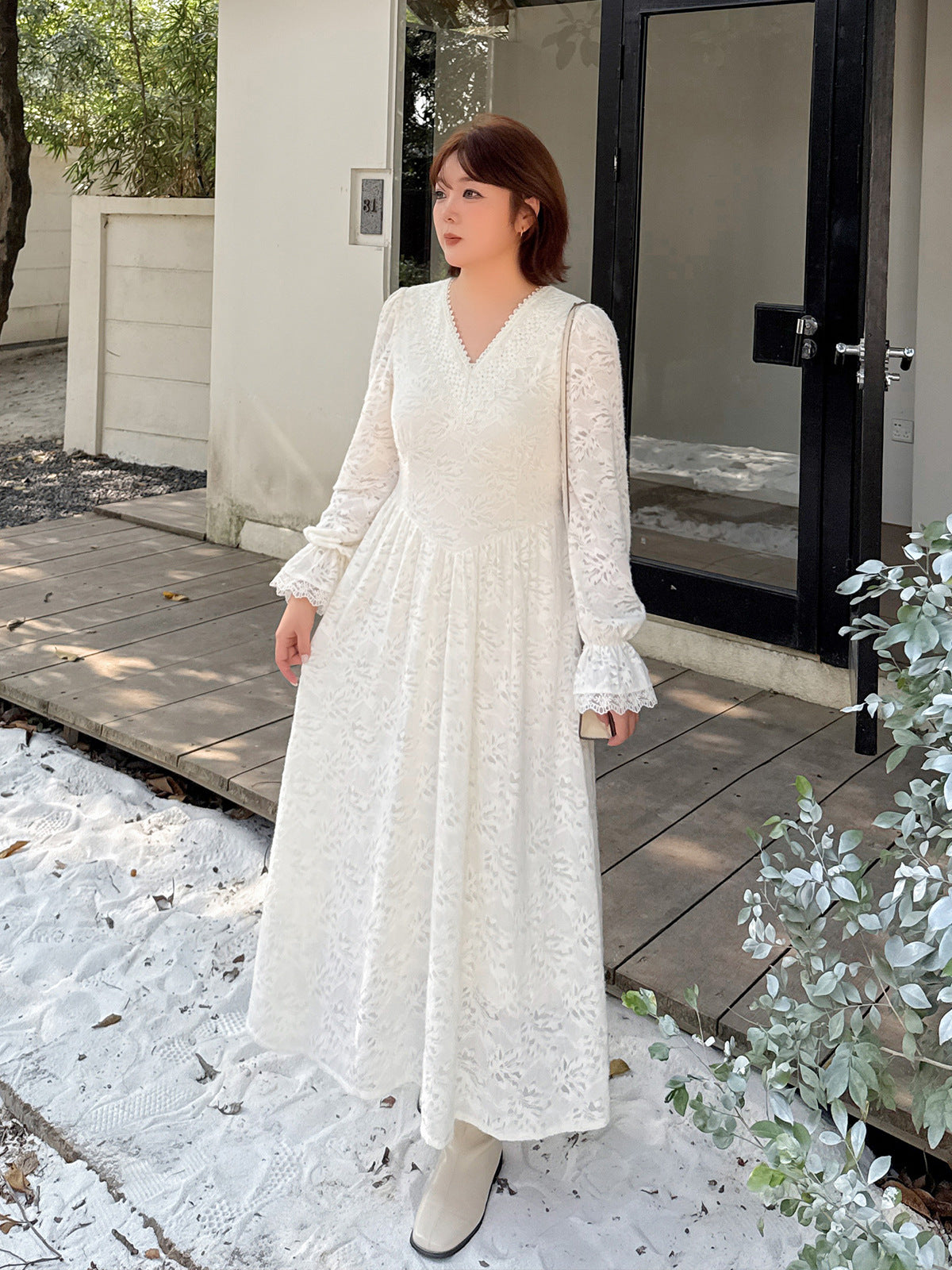 大きいサイズ レディース Vネック花柄レースワンピース LL 3L 4L 5L