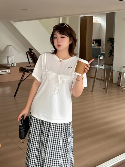 大きいサイズ レディース フェイクレイヤードレースリボンTシャツ LL 3L 4L 5L