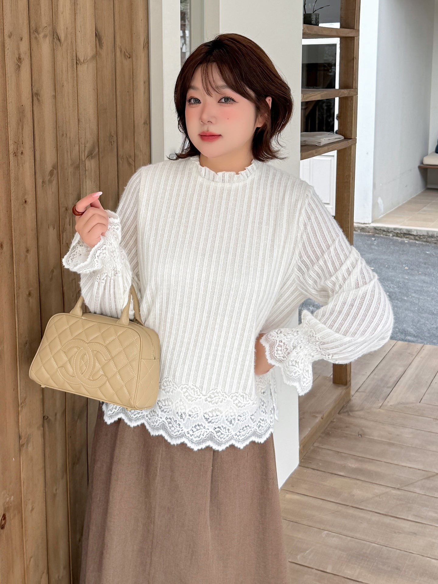 大きいサイズ レディース ストライプ×レース フレンチガーリーブラウス LL 3L 4L 5L