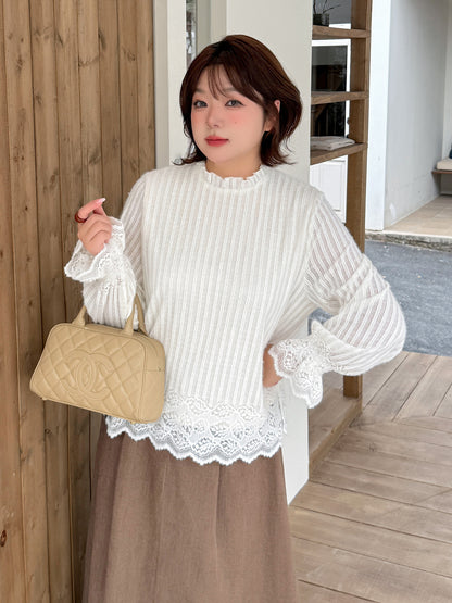 大きいサイズ レディース ストライプ×レース フレンチガーリーブラウス LL 3L 4L 5L