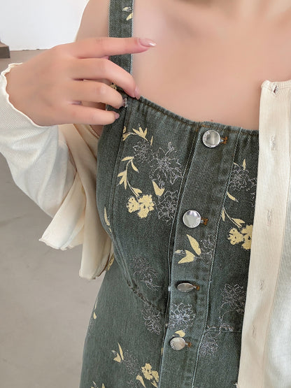 大きいサイズ レディース レトロ花柄デニムキャミソールワンピース LL 3L 4L 5L