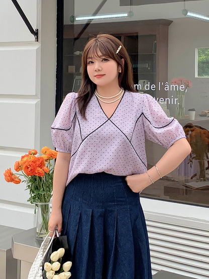 大きいサイズ レディース フレンチVネック水玉模様シースルートップス LL 3L 4L 5L