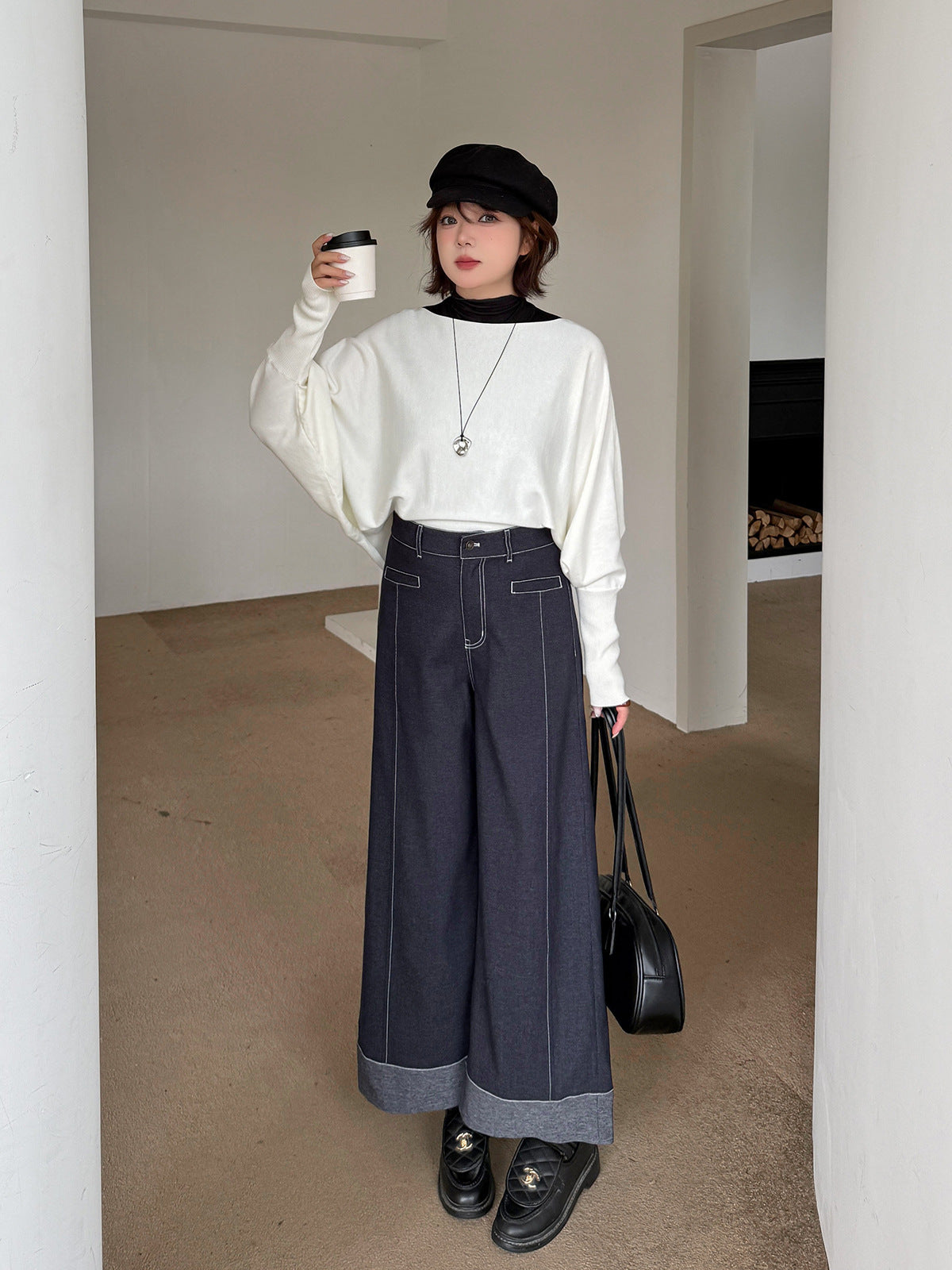 大きいサイズ レディース フェイクデニム折り返しワイドレッグパンツ LL 3L 4L 5L