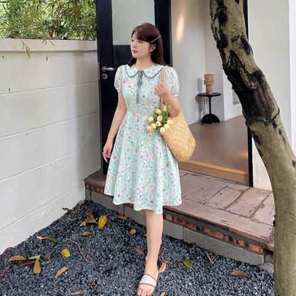 大きいサイズ レディース ドールカラーリボン小花柄プリント刺繍ミニワンピース LL 3L 4L 5L
