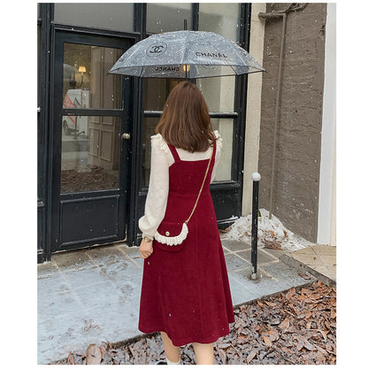 大きいサイズ レディース コーデュロイのレトロワンピース+フリルパフスリーブブラウス LL 3L 4L 5L