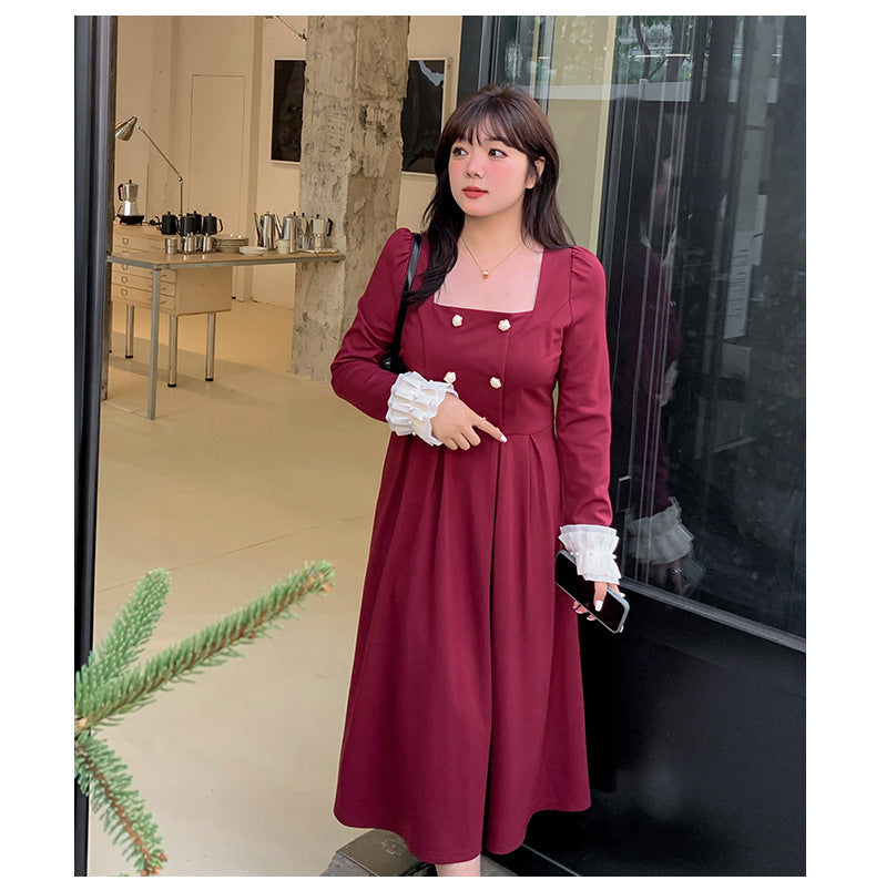 大きいサイズ レディース ダブルブレストのスクエアネックワンピース LL 3L 4L 5L