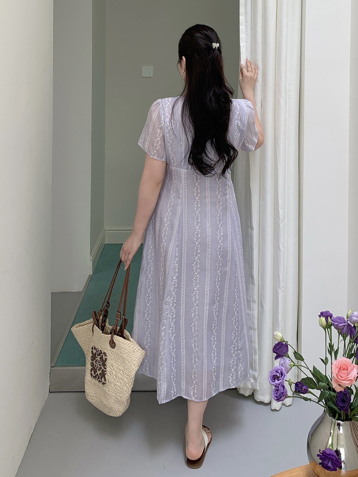 大きいサイズ レディース レースVネックドット刺繍Aラインワンピース LL 3L 4L 5L 6L